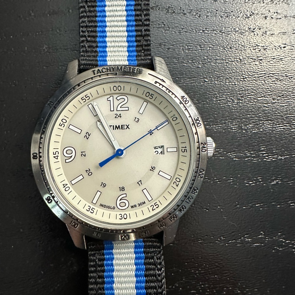 Timex Silver Watch with Blue and Black Nylon Strap